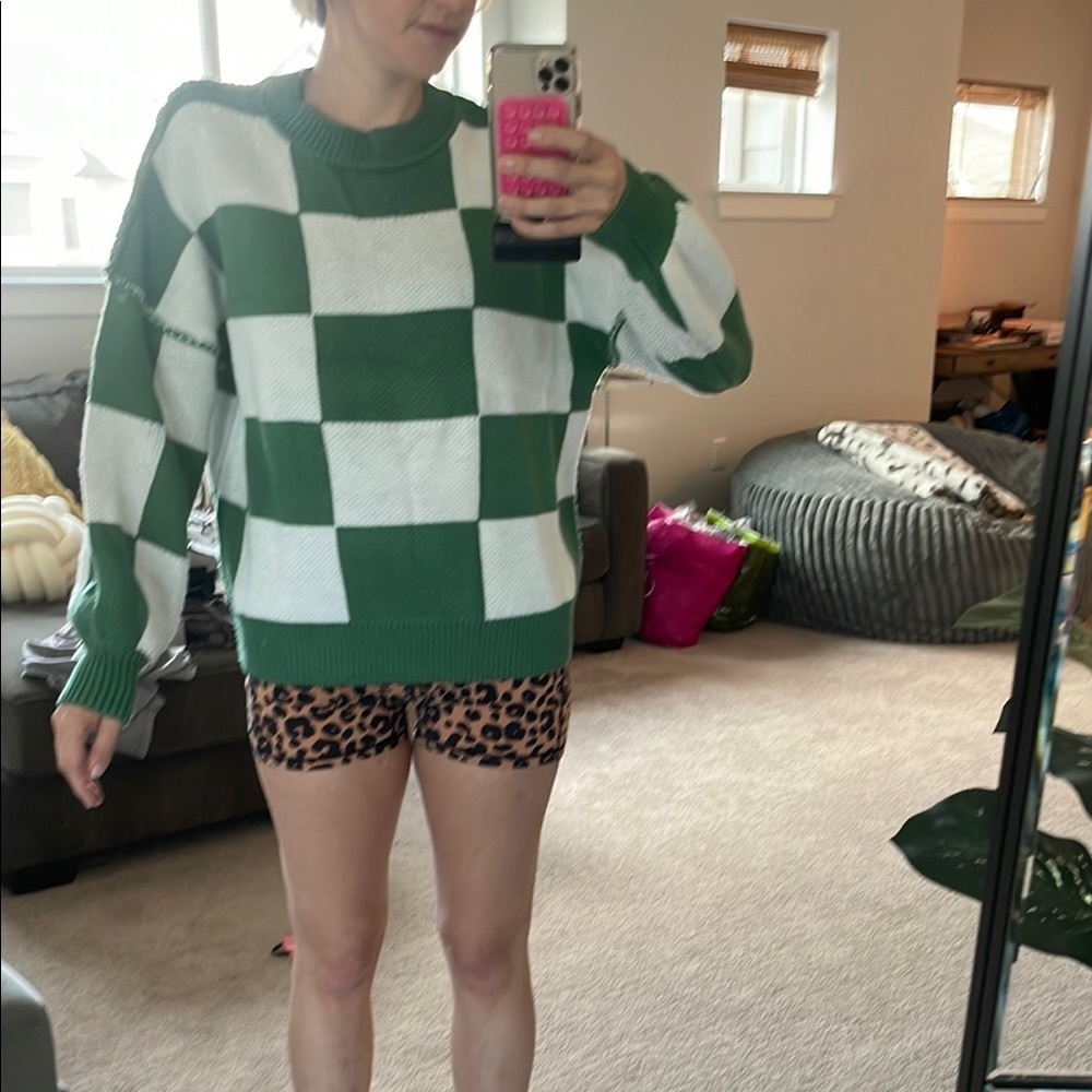 Source Unknown Green and White Checkered Sweater
